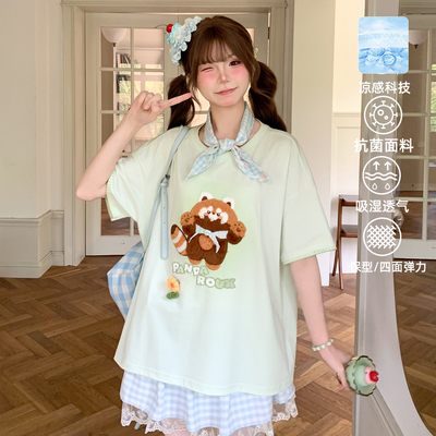 森女部落甜美风圆领短袖T恤女小熊猫刺绣设计感宽松上衣2026年夏