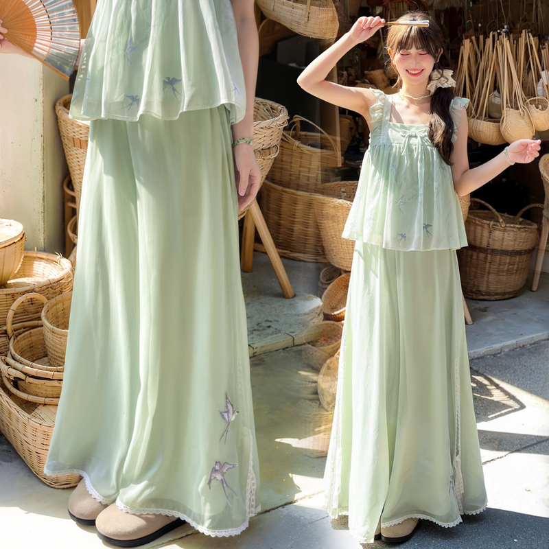 设计感雪纺阔腿裤高腰长裤休闲裤