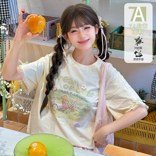 上衣 新款 森女部落小个子减龄甜美宽松蕾丝白色短袖 女T恤2026夏季