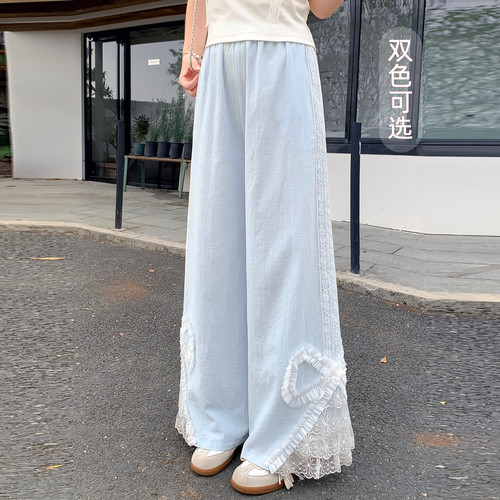 森女部落蝴蝶结蕾丝休闲裤甜妹风宽松垂感遮肉长裤女春夏季