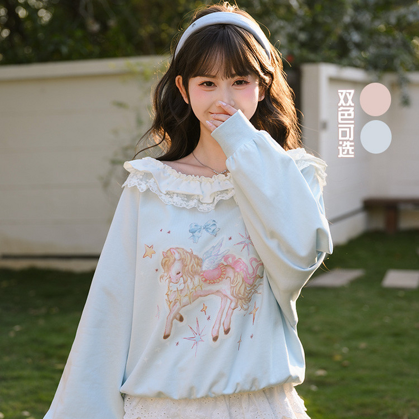 森女部落甜美印花卫衣女外套春季新款蕾丝设计感一字肩宽松上衣秋