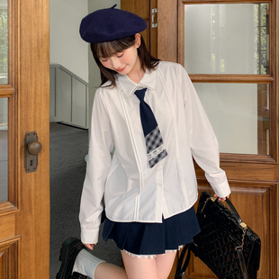 上衣 宽松百搭长袖 森女部落学院风白色衬衫 女秋冬蕾丝领设计感新款