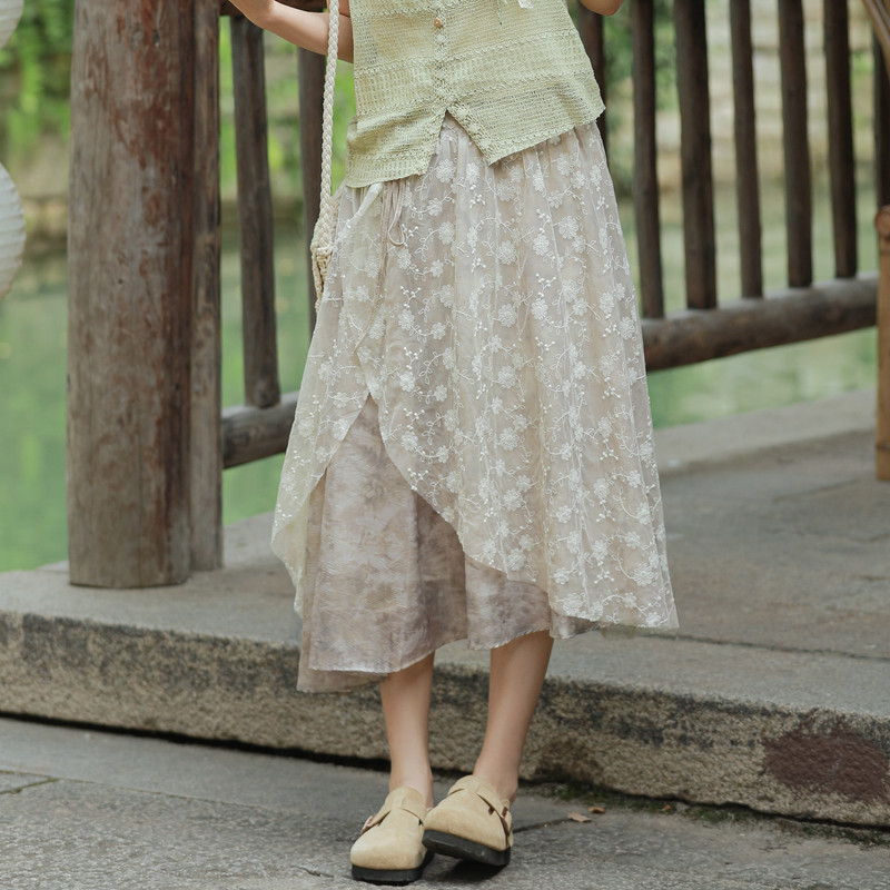 森女部落原创新中式水墨风蕾丝拼接度假风裙子仙女超仙森系半身裙