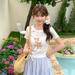 设计感上衣夏 T恤女新款 森女部落原创甜美风可爱小鹿正肩修身 短袖