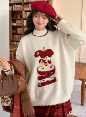 森女部落甜美风可爱圣诞苹果毛衣女2026新款白色宽松针织衫上衣冬
