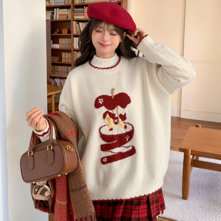森女部落甜美风卡通苹果圆领毛衣女2025新款 冬 百搭撞色宽松针织衫