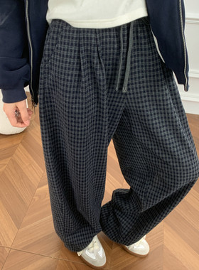 森女部落松弛感阔腿格子裤女2026新款垂感拖地裤百搭高腰休闲裤冬