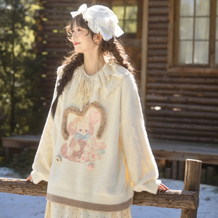 森女部落甜美风撞色设计感圆领针织衫 秋冬百搭宽松毛衣 女2025新款