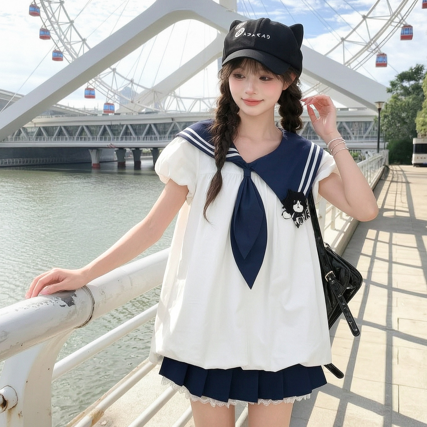 森女部落学院风海军领衬衫女新款甜美猫咪刺绣设计感宽松上衣夏季