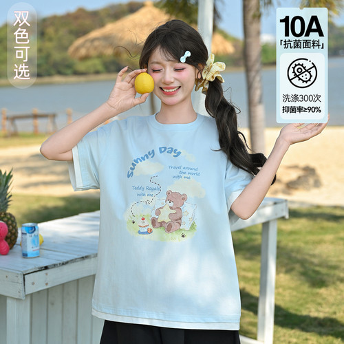 森女部落甜美撞色设计感可爱小熊印花宽松短袖t恤女2026新款夏季