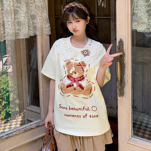 森女部落可爱小熊毛巾绣设计感上衣纯棉短袖 夏 宽松t恤女2025新款