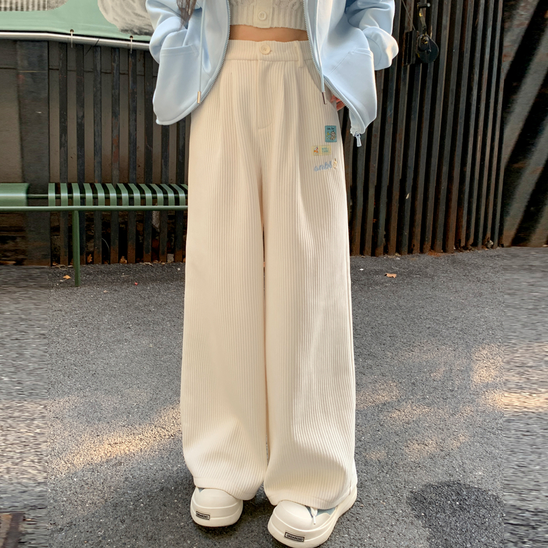 森女部落甜美风卡通刺绣高腰休闲裤女2025新款显瘦宽松直筒裤冬季