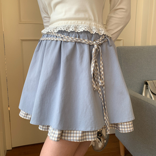 森女部落学院风格 百搭纯棉A字短裙 子拼接设计感高腰半身裙女新款