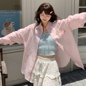 女2026新款 森女部落可爱甜美风刺绣上衣百搭宽松粉色长袖 格子衬衫