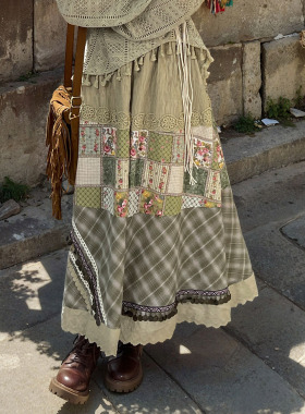 森女部落蕾丝复古森系度假波西米亚风格子半身裙女春2026新款裙子