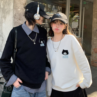 森女部落百搭情侣装长袖上衣女可爱猫咪刺绣加绒宽松卫衣新款冬季