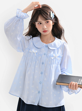 森女部落甜美风可爱娃娃领长袖衬衫女上衣2026新款春内搭蓝色衬衣