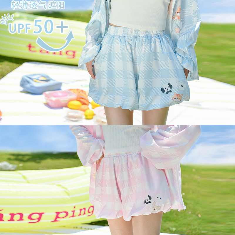 森女部落原创闺蜜粉色蓝色花苞裤休闲高腰格子短裤夏季防晒UPF50+,女装/女士精品,休闲裤,淘宝优惠券,粉丝福利购,淘宝优惠卷