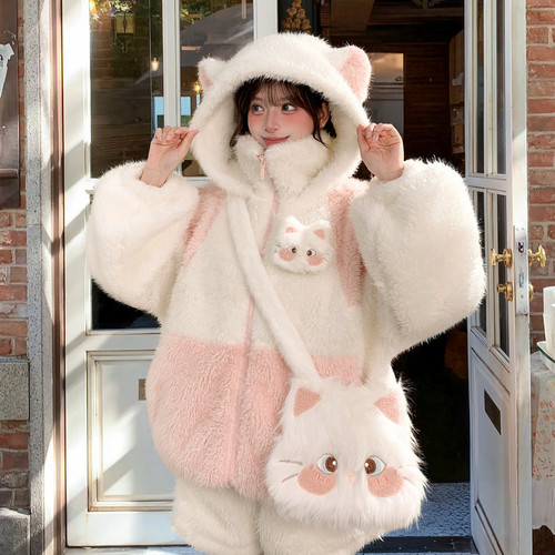森女部落甜美风猫耳连帽绒衫女2025新款设计感百搭宽松毛绒外套冬