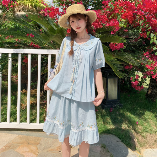 森女部落甜美娃娃领衬衫女2026新款拼接设计感高腰半身裙套装夏季