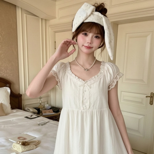 森女部落甜美风连衣裙女新款泡泡袖蕾丝拼接设计感宽松A字裙夏季