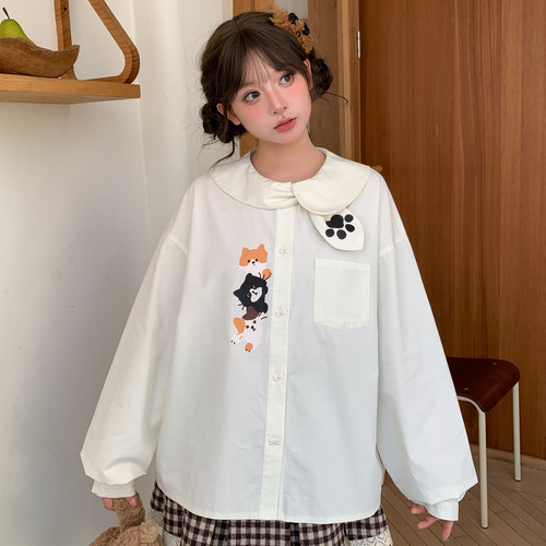 森女部落可爱白色长袖衬衫女春2026秋新款设计感娃娃领宽松上衣