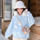 森女部落甜美风雪人刺绣宽松毛领连帽卫衣女2025新款 加绒上衣冬季