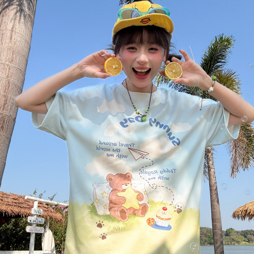 森女部落可爱小熊宽松圆领短袖T恤女2026夏季新款设计感小众上衣