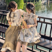 森女部落原创锦灰堆系列蝴蝶印花泡泡袖 夏款 上衣国风套装 2026新款