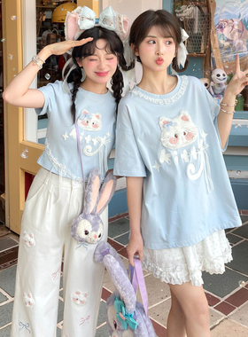 森女部落蓝色可爱猫咪宽松短袖T恤女2026夏季新款初中生女装上衣