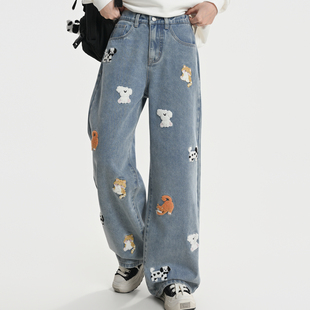 森女部落甜美萌宠刺绣高腰牛仔裤女2026新款宽松百搭阔腿直筒裤春