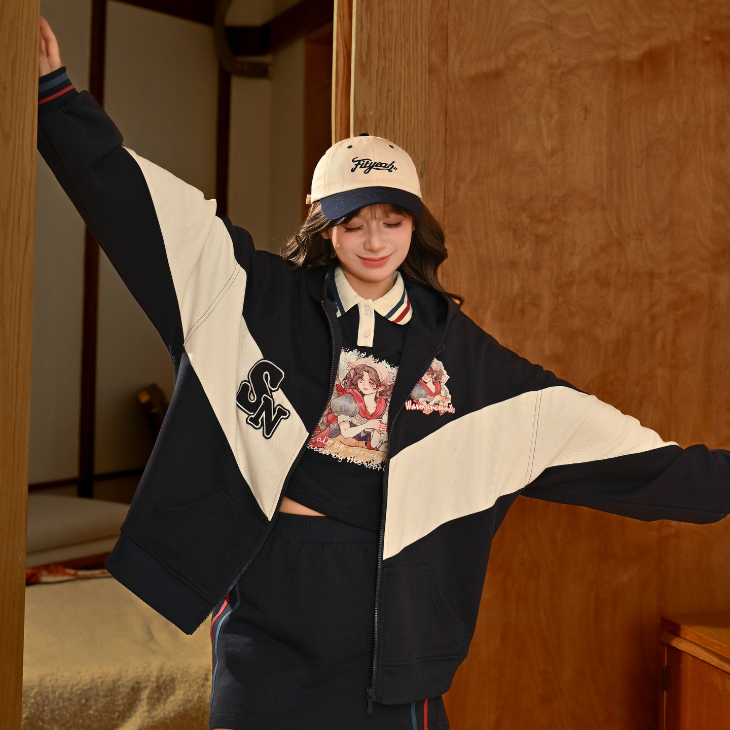 森女部落学院风撞色纯棉连帽卫衣外套女新款字母刺绣宽松显瘦百搭