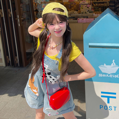 可爱背带裤魔术贴牛仔裤短裤高腰