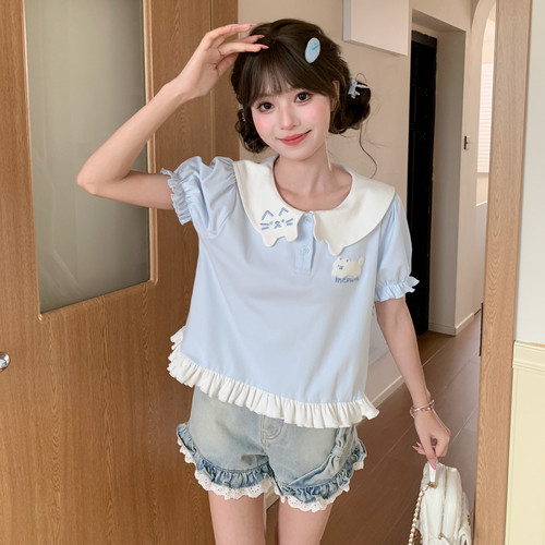 森女部落浅蓝色可爱短袖女T恤夏短款娃娃衫刺绣泡泡袖上衣小个子