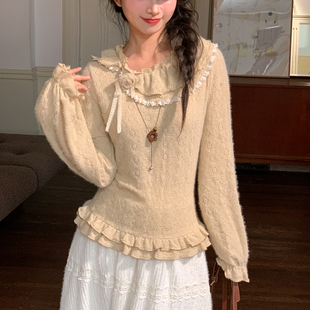 打底衫 百搭长袖 冬 T恤女2025新款 森女部落甜美风设计感花边领长袖