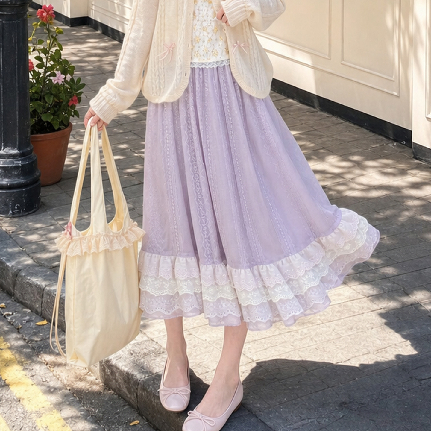 森女部落甜美高腰半身裙女2026新款紫色刺绣纹理大裙摆长款A字裙