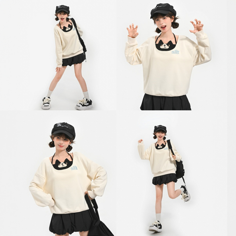 森女部落甜美可爱猫咪刺绣挂脖设计感长袖宽松卫衣女2025新款秋季