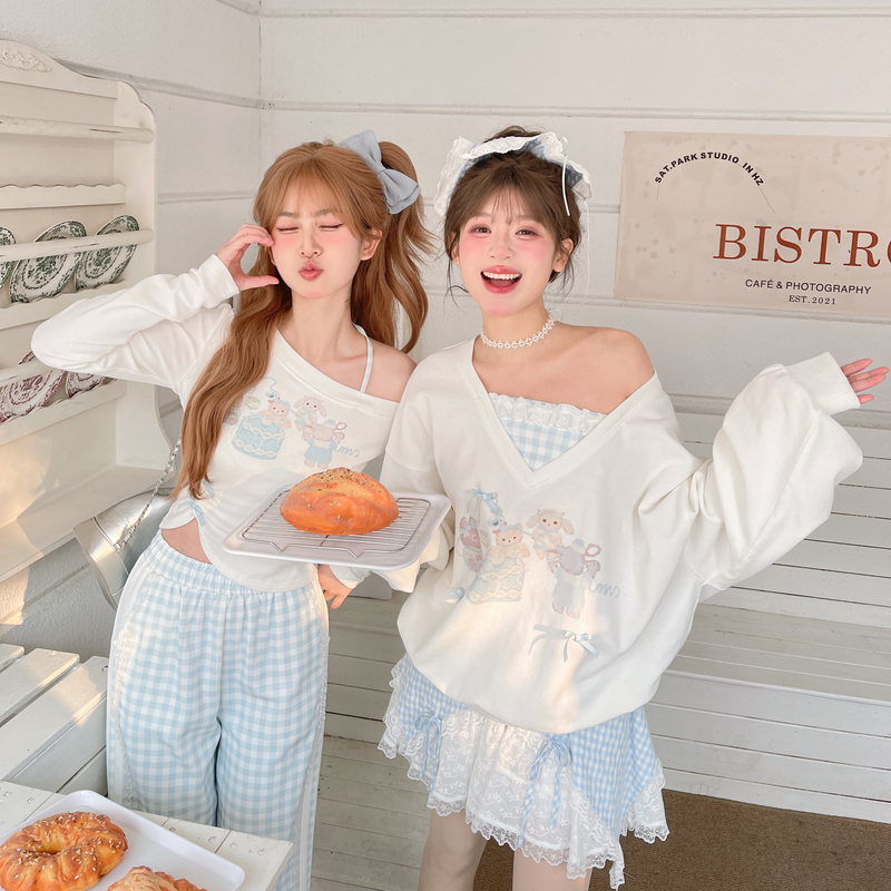 森女部落原创闺蜜甜美卡通印花假两件宽松2025新款卫衣女无帽上衣