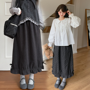 森女部落韩系百搭荷叶边高腰半身裙女新款 甜美波点A字花苞裙冬季