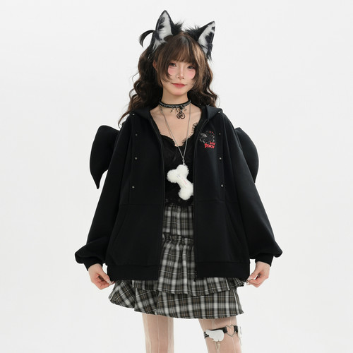 森女部落恶魔翅膀外套女新款甜酷风小熊连帽耳宽松显瘦百搭卫衣春