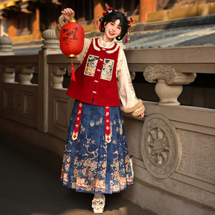 拜年服女 冬季 森女部落原创国风新年战袍新中式 刺绣民族马面裙套装