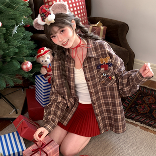 上衣 百搭宽松长袖 森女部落甜美风可爱小狗刺绣格子衬衫 女2025新款