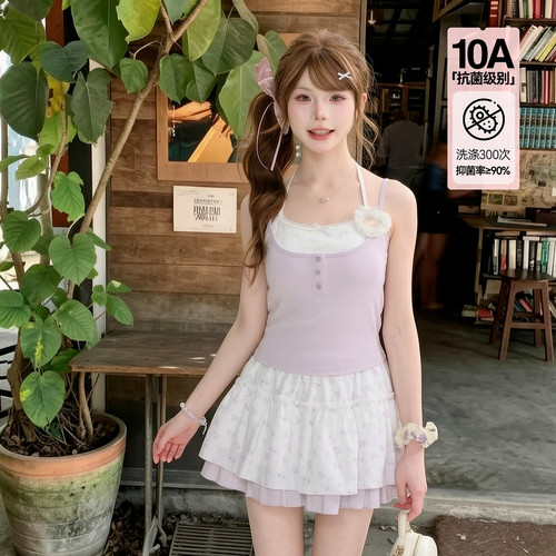 森女部落甜美假两件碎花设计感蕾丝吊带女抗菌修身挂脖短款背心夏