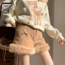 冬季 小鹿刺绣百搭短裤 女新款 森女部落森系毛绒边设计感高腰休闲裤