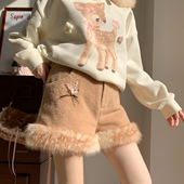 森女部落森系毛绒边设计感高腰休闲裤 冬季 女新款 小鹿刺绣百搭短裤