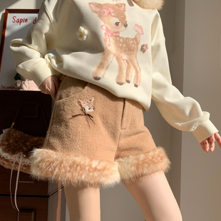 冬季 小鹿刺绣百搭短裤 女新款 森女部落森系毛绒边设计感高腰休闲裤