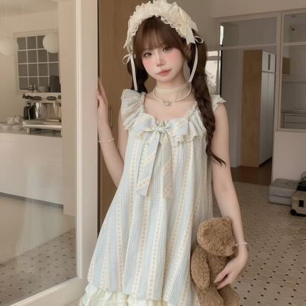 森女部落甜美风少女花苞飞袖连衣裙女新款纯棉小个子A字裙子夏季