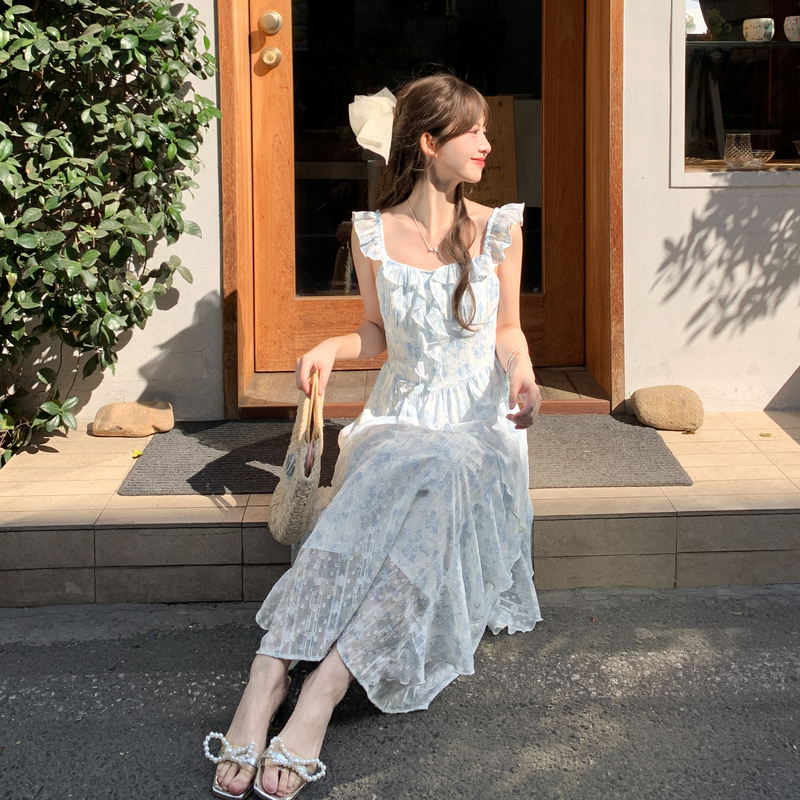 蓝色中长裙海边度假碎花连衣裙