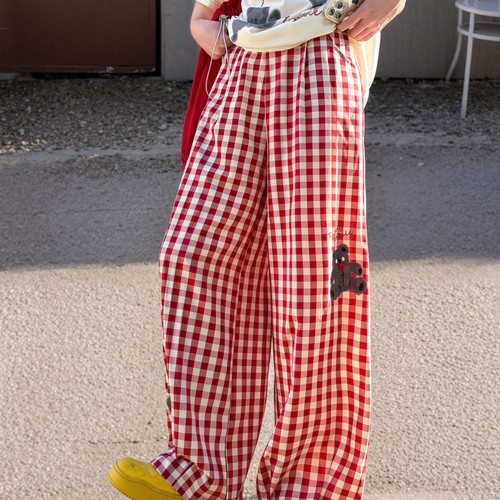 轻薄多巴胺红色格子阔腿休闲裤夏