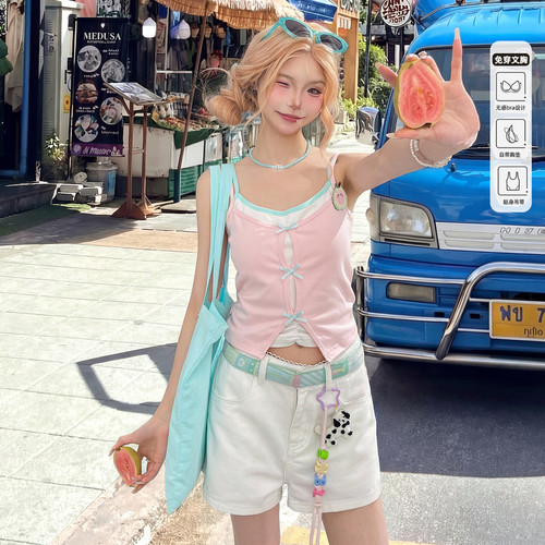 森女部落粉彩风带胸垫吊带背心女内搭2026新款假两件撞色设计感夏